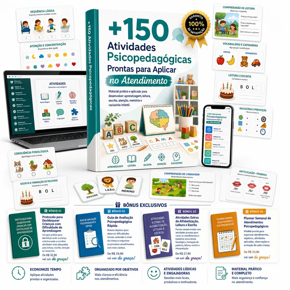 Mockup do plano completo com atividades psicopedagógicas e bônus